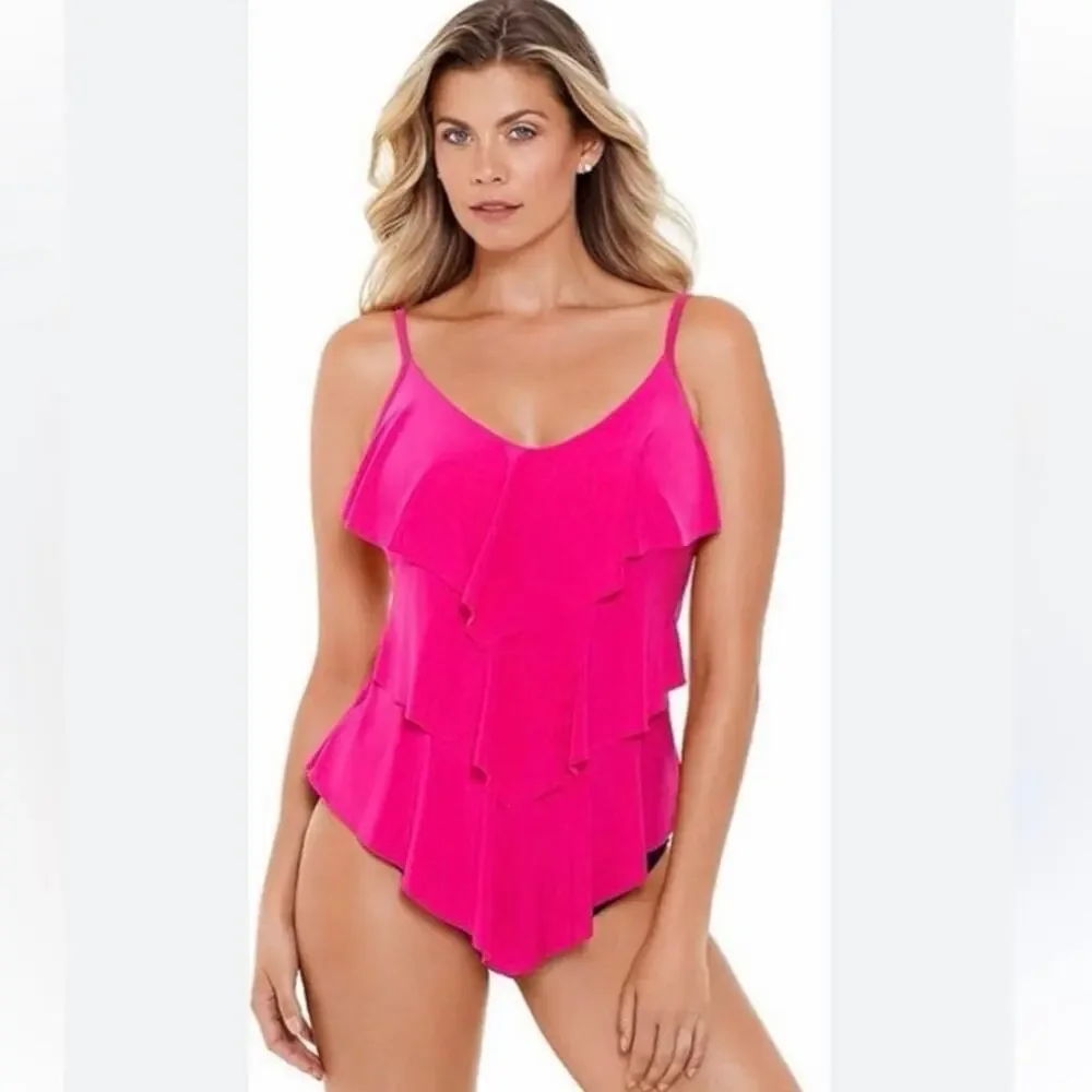 NWOT MagicSuit Rita Ruffle Tankini Top Rose Pink Tiered Swim Top Size 8